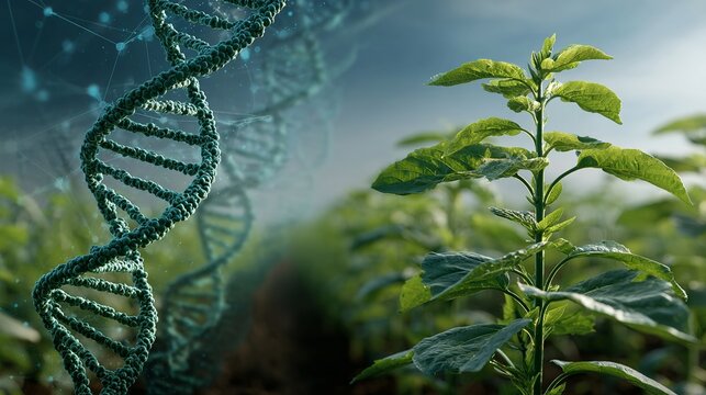 Discovering nature's blueprint with vibrant DNA helix and lush green plant growth in a scientific research field