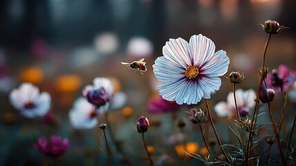 Field of cosmos flowers with white petals in a blurred outdoor setting.