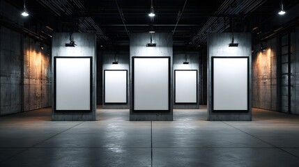 A modern gallery space, showcasing four blank canvases, bathed in muted industrial lighting, creates a striking presentation area.