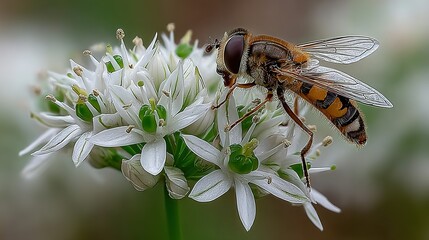 Hoverfly on white flowers close up outdoors in daylight.