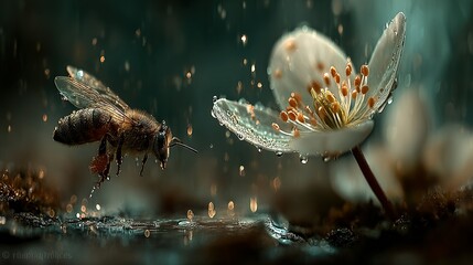 Bee flying near a white flower with water droplets in a dark setting.