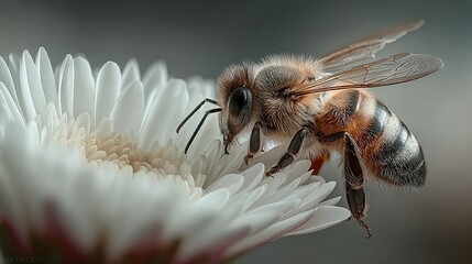 A bee on a white flower collecting pollen in a natural outdoor setting.