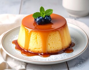 Creamy custard dessert with caramel sauce