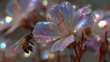 A bee approaches a flower with iridescent petals in a soft focus setting.