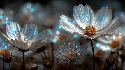 Close up of white flowers with a dreamy ethereal glow in a field.