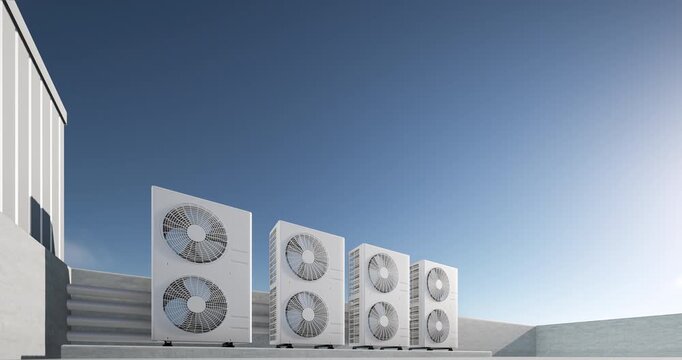 3D rendering looping video of outdoor building cooling system or HVAC air conditioning units with sky background. Technology for heat exchange and ventilation installed on rooftop infrastructure.