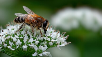 A bee sits on a white flower with a blurred green background.