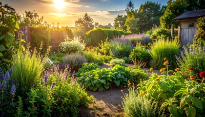Lush garden at sunset