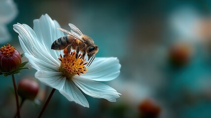 Bee on white flower with yellow center in a blurred outdoor setting.