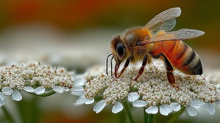 A bee sits on a small white flower with a blurred background.