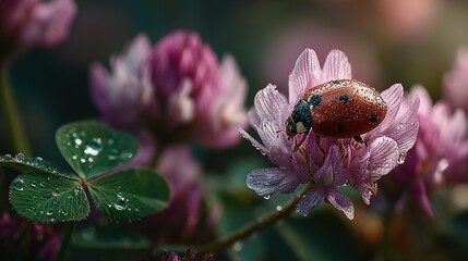 A ladybug sits on a pink clover flower with green leaves.