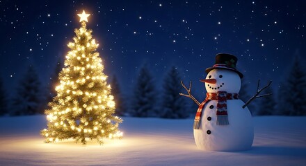 Obraz premium Festive Christmas tree and snowman in a snowy winter landscape at night