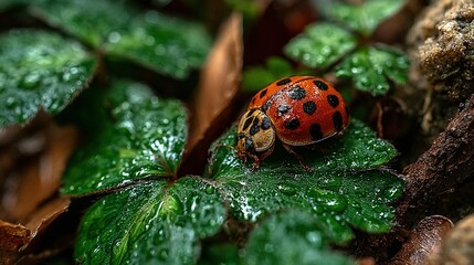 Ladybug rests on green leaves with water droplets in a natural setting.