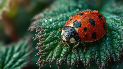 Ladybug with black spots sits on a green leaf with water droplets.