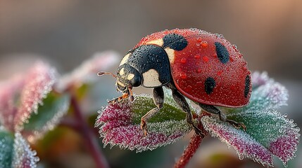 Ladybug on frosted leaves close up red and black insect nature.