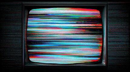 Vibrant retro television displays static noise, a nostalgic signal disruption with colorful horizontal lines, evoking vintage tech disruption.