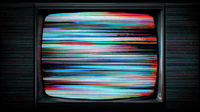Vibrant retro television displays static noise, a nostalgic signal disruption with colorful horizontal lines, evoking vintage tech disruption.
