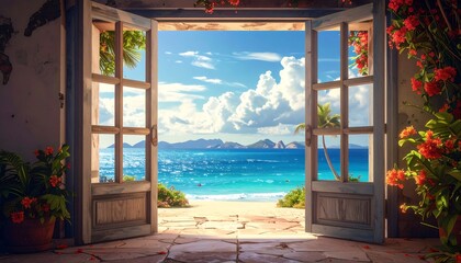Tropical paradise vista through aged doorway