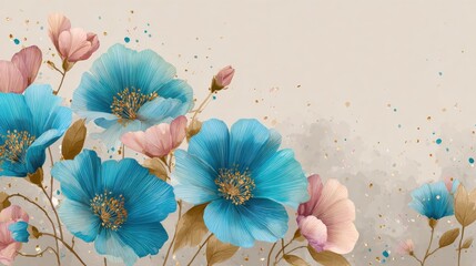 Vibrant Blue and Pink Flowers With Golden Accents on a Soft Neutral Background During Spring Season