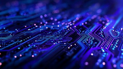 Vibrant digital circuit board glows with futuristic blue and purple light, symbolizing innovation and advanced technology in a complex network.