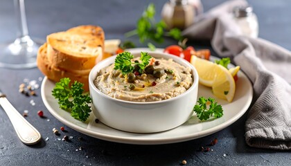 Creamy dip served with toasted bread and garnish