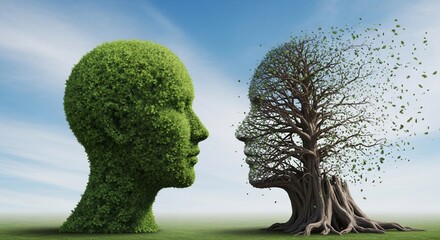 Two face profiles one made of leaves and the other of tree branches facing each other in a field