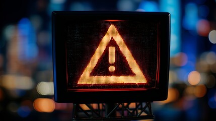 Urgent warning sign illuminates city skyline at night signaling potential danger or important alert