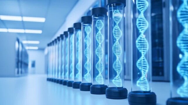 Advanced Genetic Research Lab: DNA Strands in High-Tech Data Center Environment - Powered by Adobe