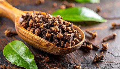 Wooden spoon filled with cloves, surrounded by leaves