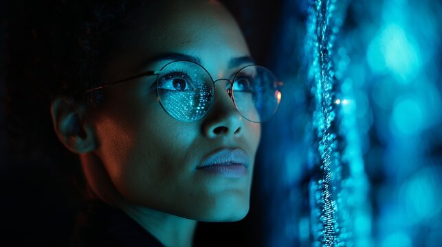 Intelligent woman with glasses gazes into futuristic digital data stream, reflecting innovation and advanced technology in her eyes