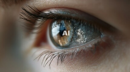 Future vision of artificial intelligence reflected in human eye, symbolizing technological advancement and digital consciousness, innovation insight