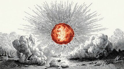Vintage engraving of a fiery sun with radiating rays above the ocean amid clouds, illustrating an old astronomical or meteorological scene from historical scientific literature