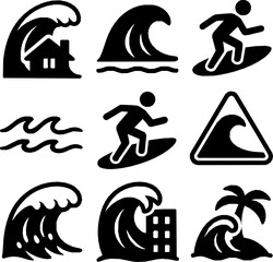 Tsunami Waves and Surfing Vector Icon Set