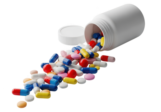 A white pill bottle tipped over spilling a colorful assortment of pills and capsules onto a dark surface isolated on transparent background