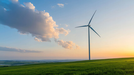 Obraz premium Scenic Landscape with Wind Turbine on Green Field Under Beautiful Blue Sky and Soft Clouds at Sunset, Renewable Energy Concept in Nature