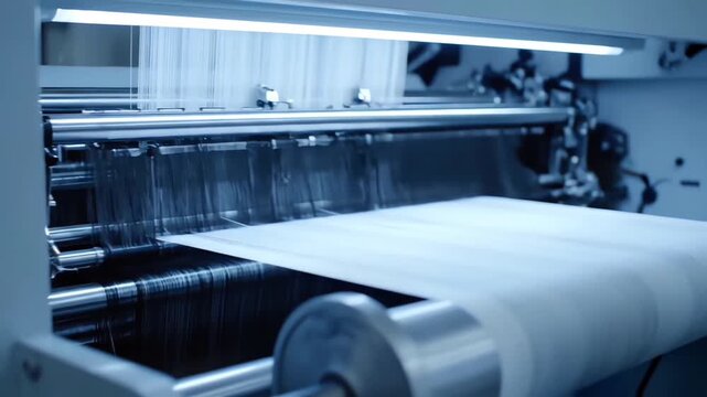 Close-up of an industrial weaving loom machine in a textile factory, creating white synthetic fabric from many threads on an automated production line