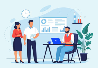 Vector art of business meeting in a modern office with a man working on a laptop and two colleagues discussing a report