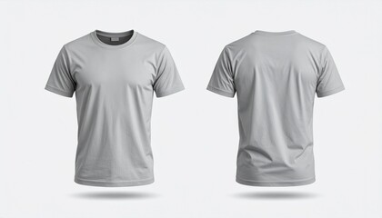 Grey male t-shirt realistic mockup set from front and back view, blank textile print design template for fashion apparel.