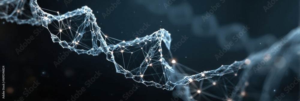 Poster exploring the intricate structure of dna with luminous connections and a dynamic backdrop in scienti