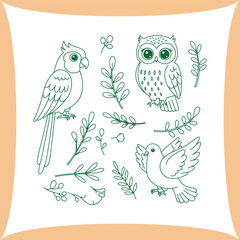 Green outline drawings of various birds and plant branches.
