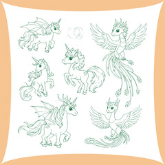 Magical creatures collection featuring unicorns and winged dragons in whimsical illustrations.