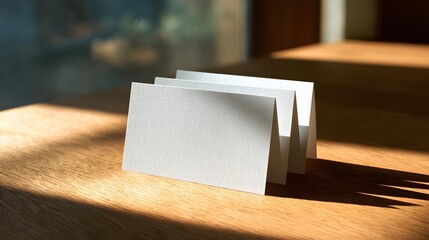 Blank folded cards, arranged on a light-brown wooden table, bathed in sunlight, showcasing a neutral color scheme and a minimalist aesthetic.