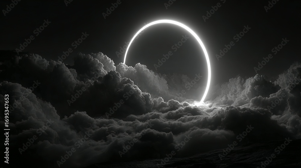 Poster glowing ring above clouds in a dark sky creating a surreal atmosphere.