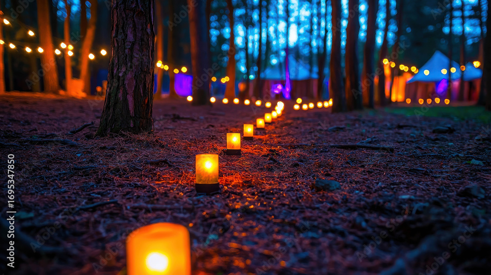 Poster serene forest pathway illuminated by soft candlelight and festive lanterns for a magical atmosphere 