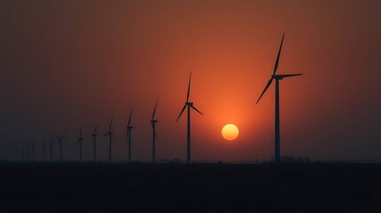 Obraz premium Stunning wind turbines at sunset generating clean energy for a sustainable future, perfect for green campaigns