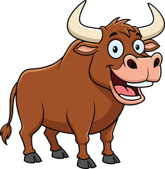 Cartoon brown bull, blue eyes, smiling face, white horns, friendly farm animal character design, cad drawing flat vector illustration