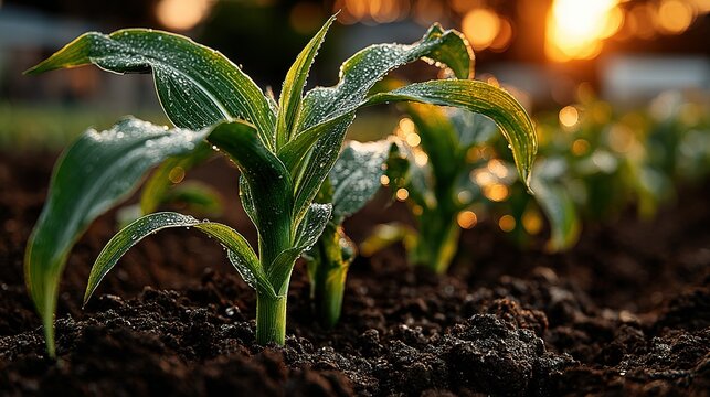 Young corn plants grow in soil with sunlight in the background.