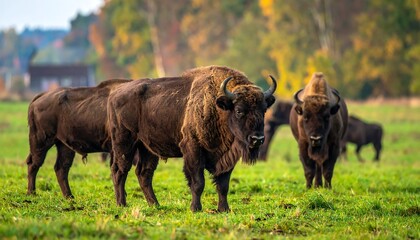 European bison grazing in autumnal field