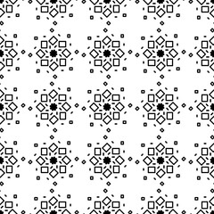 Seamless abstract geometric pattern with black squares and diamonds arranged in symmetrical motifs on white background, modern decorative design for wallpaper, fabric, or surface.