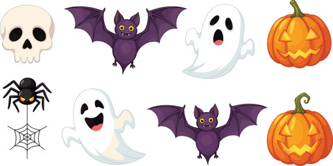 Fototapeta premium Cartoon Halloween icons set, skull, bats, ghosts, pumpkins, spider, festive spooky symbols pack, cad drawing flat vector illustration